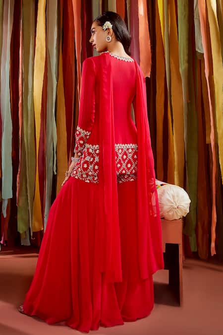 Shop Label Sanya Gulati Pink Georgette, Linen Pearls, Floral Embroidered Short Jacket Sharara Set at Aza Fashions Shop_Label Sanya Gulati_Pink Georgette, Linen Pearls, Floral Embroidered Short Jacket Sharara Set _at_Aza_Fashions