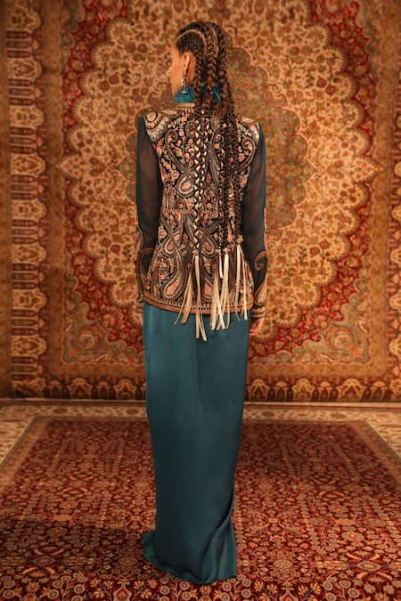 Shop_Aditi Gupta_Green Satin Woven And Embroidered Jamawar Pattern Jacket Open Draped Skirt Set _at_Aza_Fashions