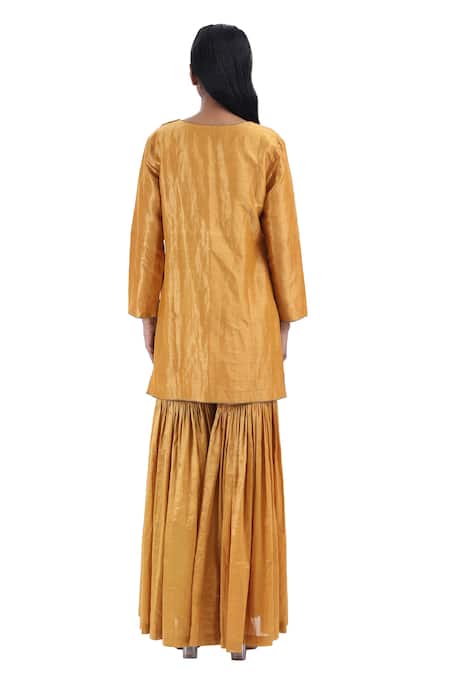 Shop_Akaaro_Yellow Silk Round Neck Full Sleeve Kurta Sharara Set _at_Aza_Fashions