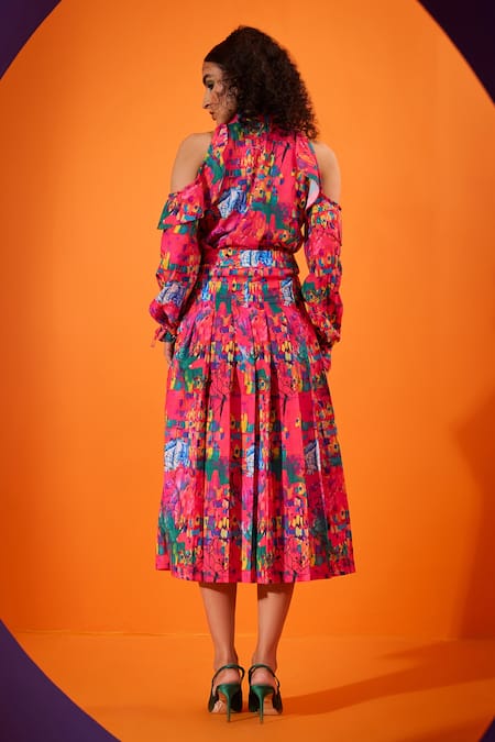 Shop_The Dramebaaz CO_Pink Beads Collared Aster Print Shirt And Skirt Set _at_Aza_Fashions