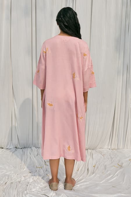 Shop Ayaka Pink Cotton Embroidery V-neck Applique Dress at Aza Fashions Shop_Ayaka_Pink Cotton Embroidery V-neck Applique Dress _at_Aza_Fashions