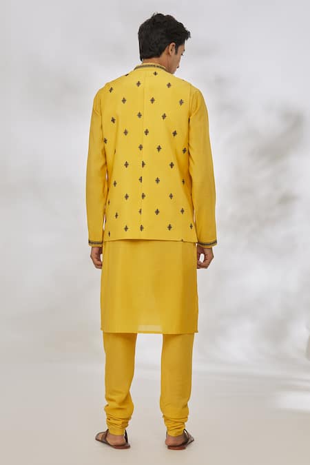 Shop Manish Nagdeo Yellow Modal Embroidery Geometric Bundi And Kurta Set at Aza Fashions Shop_Manish Nagdeo_Yellow Modal Embroidery Geometric Bundi And Kurta Set _at_Aza_Fashions