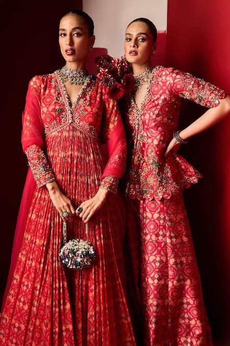 Shop Ridhi Mehra Red Anarkali Chiffon Printed Floral Mabrooka Pleated With Dupatta at Aza Fashions Shop_Ridhi Mehra_Red Anarkali Chiffon Printed Floral Mabrooka Pleated With Dupatta _at_Aza_Fashions