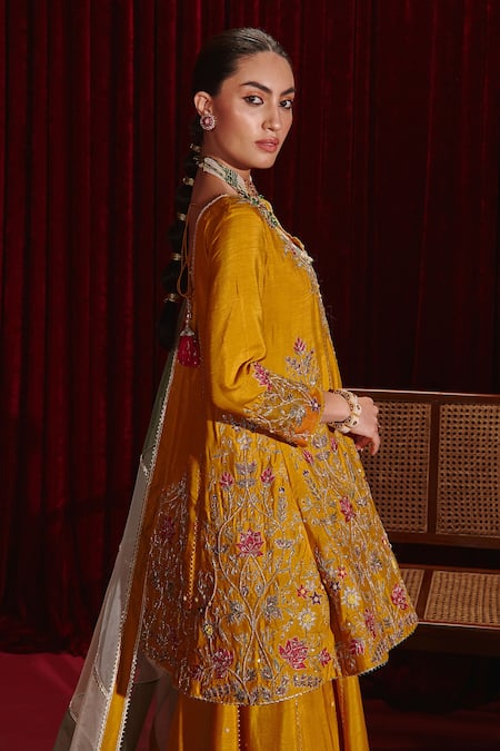 Shop Ajiesh Oberoi Yellow Silk, Organza Embroidery Round Neck Anahita Intricate Kurta Gharara Set at Aza Fashions Shop_Ajiesh Oberoi_Yellow Silk, Organza Embroidery Round Neck Anahita Intricate Kurta Gharara Set _at_Aza_Fashions