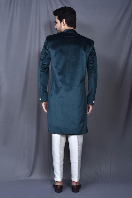 Shop_Arihant Rai Sinha_Green Velvet, Silk Embroidery Asymmetric Sherwani And Pant Set _at_Aza_Fashions