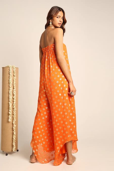 Shop_Style Junkiie_Orange Georgette Tassels Square Neck Self Embroidered Tube Jumpsuit _at_Aza_Fashions