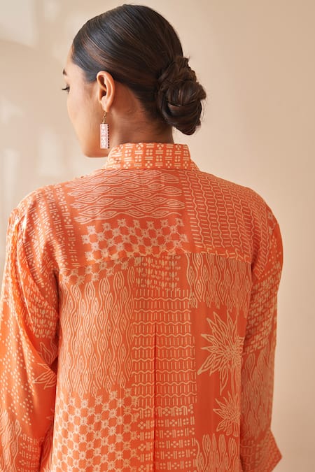 Shop Rekha Agra Orange Cotton, Crepe Embroidery Abstract Geometric Print Kurta With Pant at Aza Fashions Shop_Rekha Agra_Orange Cotton, Crepe Embroidery Abstract Geometric Print Kurta With Pant _at_Aza_Fashions