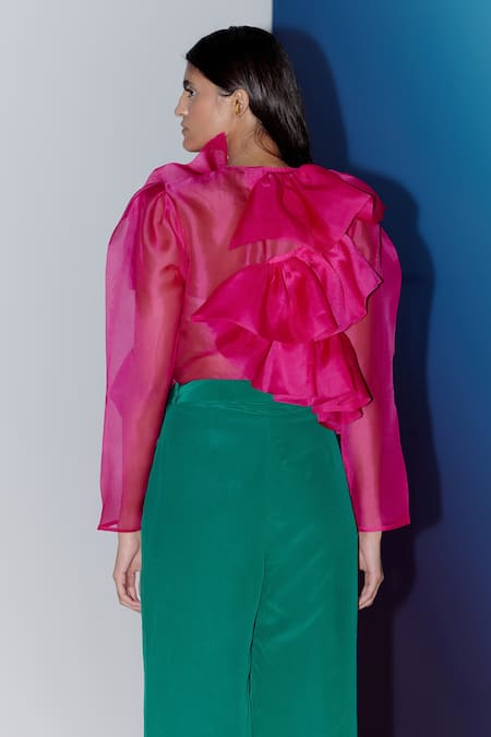 Shop Febo6 Pink Silk Organza Sequins Round Neck Layered Ruffle Top at Aza Fashions Shop_Febo6_Pink Silk Organza Sequins Round Neck Layered Ruffle Top _at_Aza_Fashions