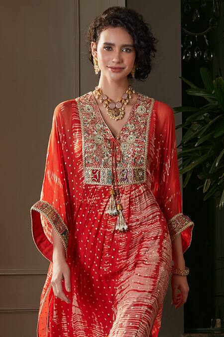 Shop Kisneel By Pam Red Chiffon, Crepe Sequins V-neck Hand Embroidered Kaftan And Pant Set at Aza Fashions Shop_Kisneel By Pam_Red Chiffon, Crepe Sequins V-neck Hand Embroidered Kaftan And Pant Set_at_Aza_Fashions