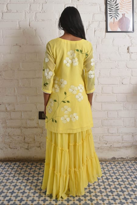 Meghstudio Hand Painted Floral Dogwood Kurta Sharara Set 