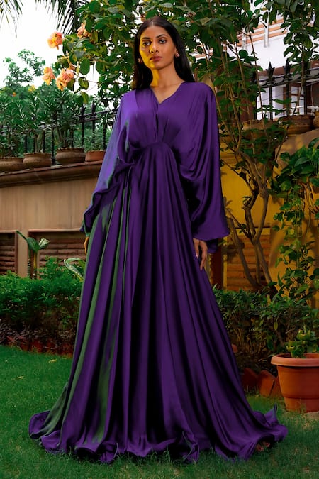Satin Dark Purple V-neckline Long Formal Dress, Charming Party Dresses –  BeMyBridesmaid | Cap sleeve prom dress, Prom dresses with sleeves, Prom dresses  ball gown