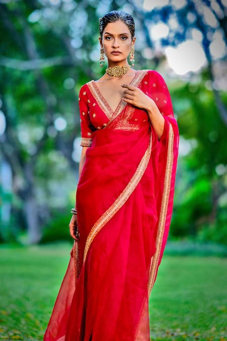 Shop Talking Threads Red Silk Organza, Linen Sequins, Zari, Sheer Saree With Embroidered Butti Blouse at Aza Fashions Shop_Talking Threads_Red Silk Organza, Linen Sequins, Zari, Sheer Saree With Embroidered Butti Blouse _at_Aza_Fashions
