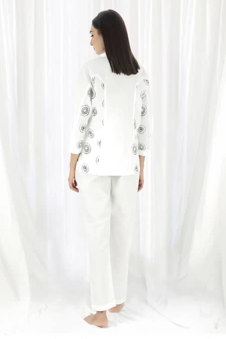 Shop Khat White Cotton Collared Circle Print Shirt And Pant Set at Aza Fashions Shop_Khat_White Cotton Collared Circle Print Shirt And Pant Set _at_Aza_Fashions