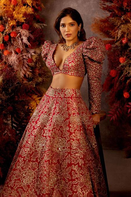 Shop Mrunalini Rao Red Silk, Organza Rosette Handcrafted Embellished Bridal Lehenga Set at Aza Fashions Shop_Mrunalini Rao_Red Silk, Organza Rosette Handcrafted Embellished Bridal Lehenga Set_at_Aza_Fashions