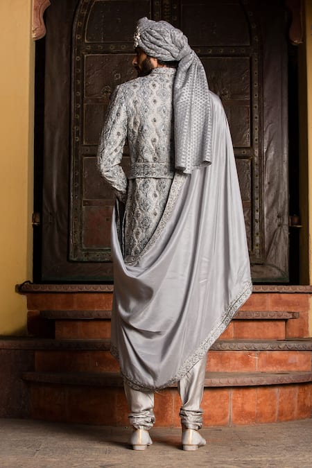 Shop Nitika Gujral Grey Silk, Mohair Applique, Beads, Diamonds, Floral Achkan Set With Belt at Aza Fashions Shop_Nitika Gujral_Grey Silk, Mohair Applique, Beads, Diamonds, Floral Achkan Set With Belt _at_Aza_Fashions