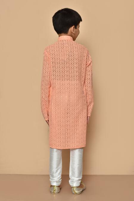 Shop Aryavir Malhotra Orange Silk Embroidered Flower Patterns Pastel Kurta Set at Aza Fashions Shop_Aryavir Malhotra_Orange Silk Embroidered Flower Patterns Pastel Kurta Set_at_Aza_Fashions