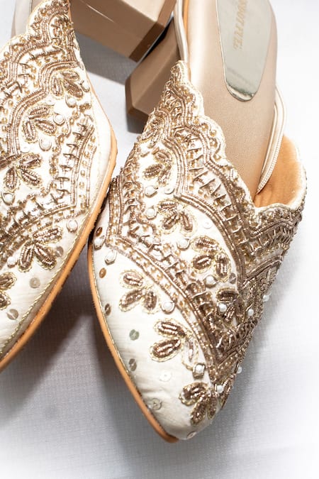 Shop Foot Fuel Gold Embroidery Flawless Mule Block Heels at Aza Fashions Shop_Foot Fuel_Gold Embroidery Flawless Mule Block Heels _at_Aza_Fashions