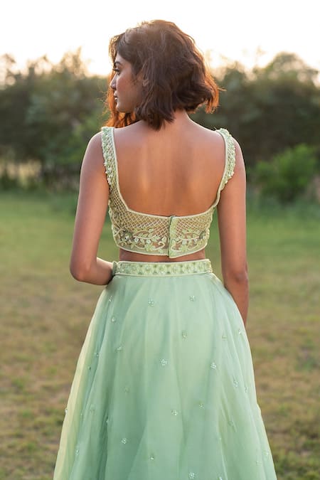 Shop_Zoon_Green Net, Silk Organza Cluster Embroidered Lehenga Set With Embellished Blouse _at_Aza_Fashions