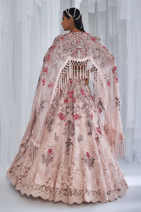 Shop Dolly J Ivory Lace, Organza Sequins, Crystals Cedar Wood Embellished Lehenga And Cape Set at Aza Fashions Shop_Dolly J_Ivory Lace, Organza Sequins, Crystals Cedar Wood Embellished Lehenga And Cape Set _at_Aza_Fashions