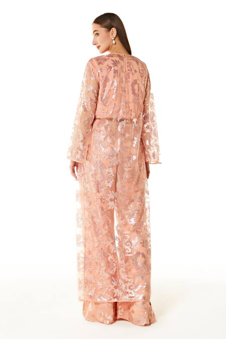 Shop Rabani & Rakha Peach Georgette Sequins V-neck Abstract Embroidered Cape And Palazzo Set at Aza Fashions Shop_Rabani & Rakha_Peach Georgette Sequins V-neck Abstract Embroidered Cape And Palazzo Set _at_Aza_Fashions