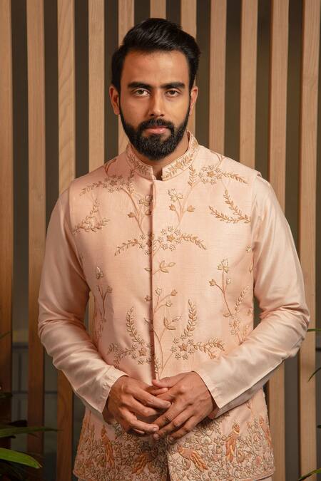 Shop_Darshika Menswear_Pink Cotton, Silk Embroidery Thread Bundi And Kurta Set _at_Aza_Fashions