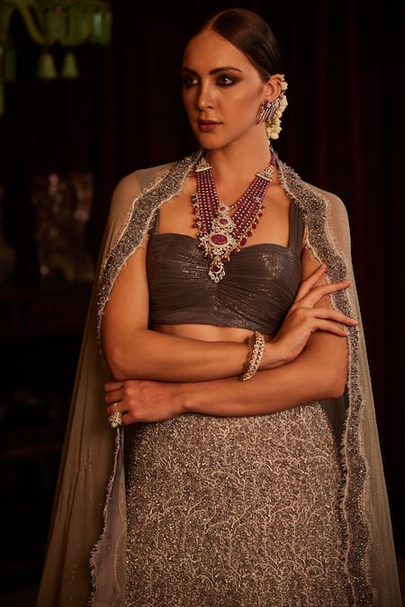 Shop House of Exotique Gold Lurex, Chiffon Sequins, Crystals Sweetheart Neck Embroidered Lehenga Set at Aza Fashions Shop_House of Exotique_Gold Lurex, Chiffon Sequins, Crystals Sweetheart Neck Embroidered Lehenga Set _at_Aza_Fashions