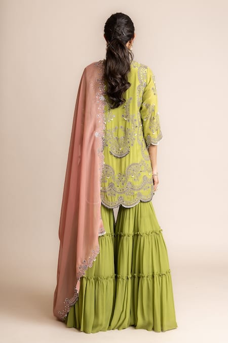 Shop_Nupur Kanoi_Green Crepe, Canvas, Chiffon Sequins, Studs, Pearls, Floral Hand Kurta Set _at_Aza_Fashions