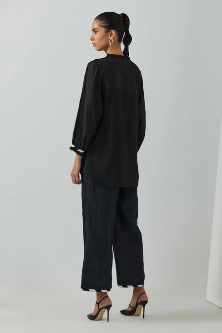 Shop_The Indian Cause_Black Chanderi Round Neck Ruffle Tunic And Palazzo Set _at_Aza_Fashions