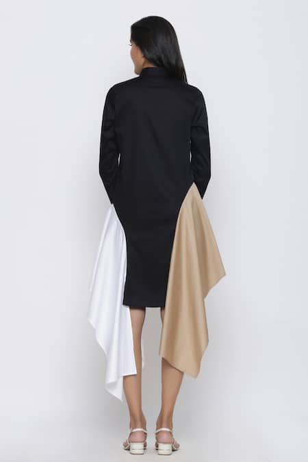 Shop Escape By Aishwarya Black Cotton Satin Shawl Neck Colorblock Draped Shirt Dress at Aza Fashions Shop_Escape By Aishwarya_Black Cotton Satin Shawl Neck Colorblock Draped Shirt Dress _at_Aza_Fashions