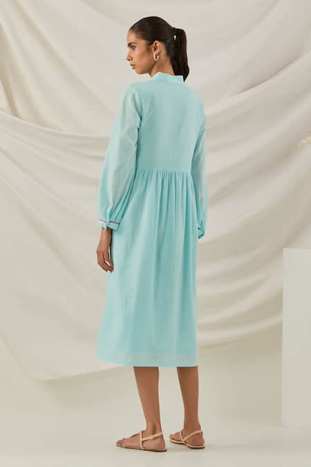 Shop The Indian Cause Blue Cotton Embroidery Shawl Neck Zaid Placed Chikankari Dress at Aza Fashions Shop_The Indian Cause_Blue Cotton Embroidery Shawl Neck Zaid Placed Chikankari Dress_at_Aza_Fashions