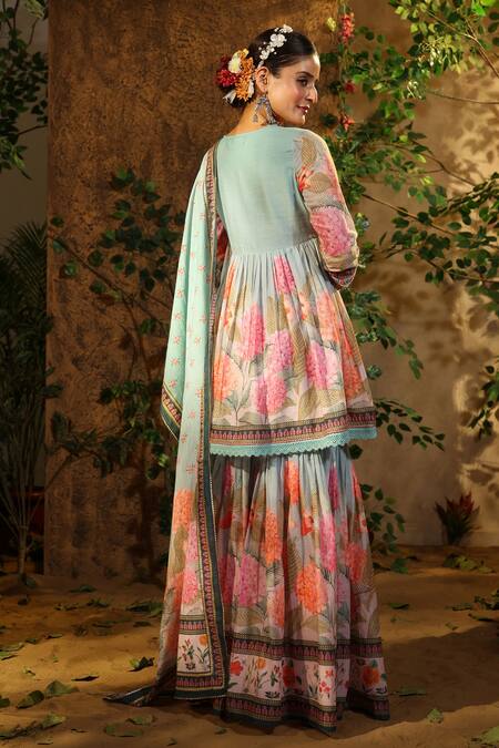 Shop_Bairaas_Green Mul Cotton Hand Block Print Floral V Flower Angrakha Anarkali Sharara Set_at_Aza_Fashions