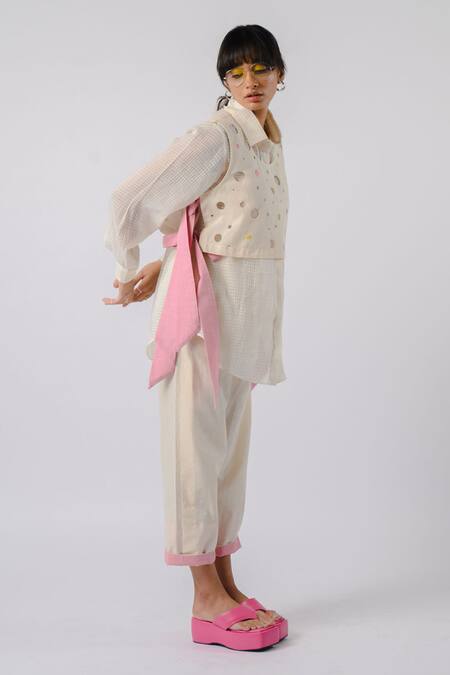 Tussah By Siddhi Shah_Off White Handloom Cotton Cut Work Collared Shirt And Pant Set _Online_at_Aza_Fashions