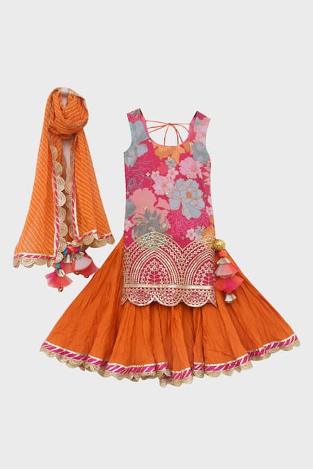 Shop_Fayon Kids_Pink Georgette, Cotton Tassels, Embroidery Floral Kurta Lehenga Set _Online_at_Aza_Fashions