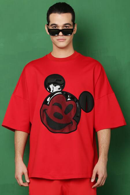 Shop I Am Trouble By KC Red Cotton Spandex Mickey Mouse Face T-shirt at Aza Fashions Shop_I Am Trouble By KC_Red Cotton Spandex Mickey Mouse Face T-shirt_at_Aza_Fashions