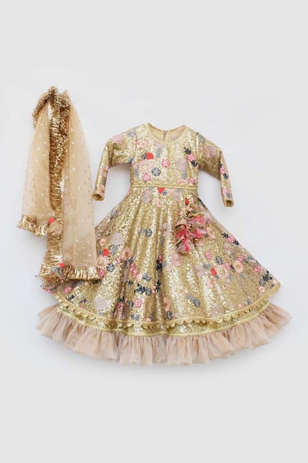 Shop_Fayon Kids_Gold Net, Organza, Cotton Sequins, Embroidery Embellished Anarkali With Dupatta _Online_at_Aza_Fashions