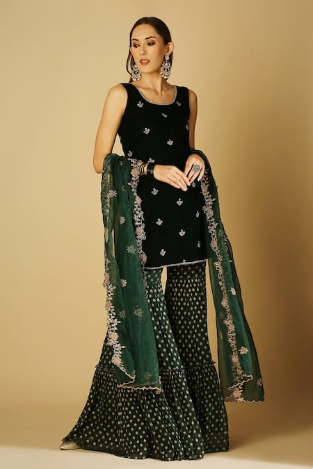 Buy_Monk & Mei By Sonia Anand_Emerald Green Velvet, Georgette, Organza Embroidery, Cyra Kurta Sharara Set _Online_at_Aza_Fashions