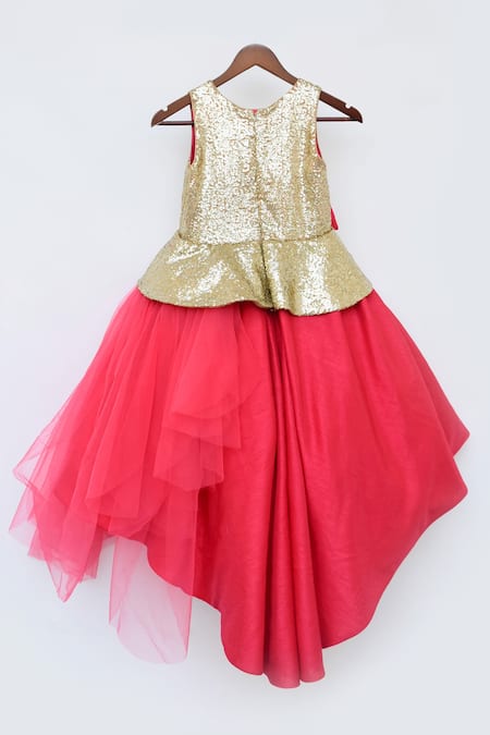 Fayon Kids_Coral Net, Silk Sequins Embroidered High-low Gown _Online_at_Aza_Fashions