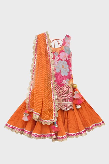 Buy Pink Organza Frill Top and Yellow Embroidery Lehenga for Girls Online