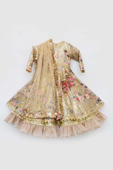 Fayon Kids_Gold Net, Organza, Cotton Sequins, Embroidery Embellished Anarkali With Dupatta _Online_at_Aza_Fashions