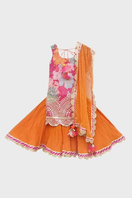 Buy_Fayon Kids_Pink Georgette, Cotton Tassels, Embroidery Floral Kurta Lehenga Set _Online_at_Aza_Fashions