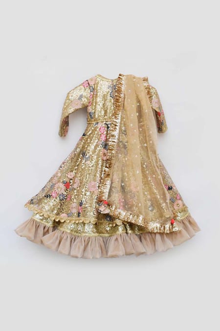 Buy_Fayon Kids_Gold Net, Organza, Cotton Sequins, Embroidery Embellished Anarkali With Dupatta _Online_at_Aza_Fashions