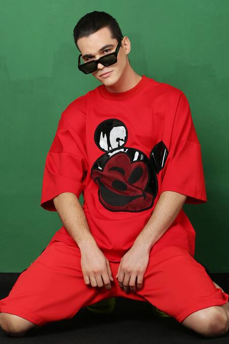 Shop I Am Trouble By KC Red Cotton Spandex Mickey Mouse Face T-shirt Online at Aza Fashions Shop_I Am Trouble By KC_Red Cotton Spandex Mickey Mouse Face T-shirt_Online_at_Aza_Fashions