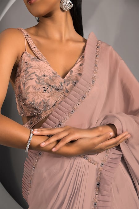 Shop Jade By Ashima Pink Georgette, Crepe Embroidery Plunge Pre-draped Saree With Floral Blouse Online at Aza Fashions Shop_Jade By Ashima_Pink Georgette, Crepe Embroidery Plunge Pre-draped Saree With Floral Blouse _Online_at_Aza_Fashions