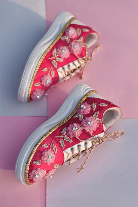 Shop Around Always Pink Carina Floral Bead Embroidered Sneakers at Aza Fashions Shop_Around Always_Pink Carina Floral Bead Embroidered Sneakers _at_Aza_Fashions