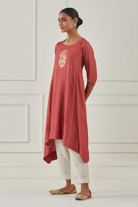 Shop Kamaltaas Red Cotton, Silk Embroidery Round Neck Asymmetric Kurta And Pant Set at Aza Fashions Shop_Kamaltaas_Red Cotton, Silk Embroidery Round Neck Asymmetric Kurta And Pant Set _at_Aza_Fashions