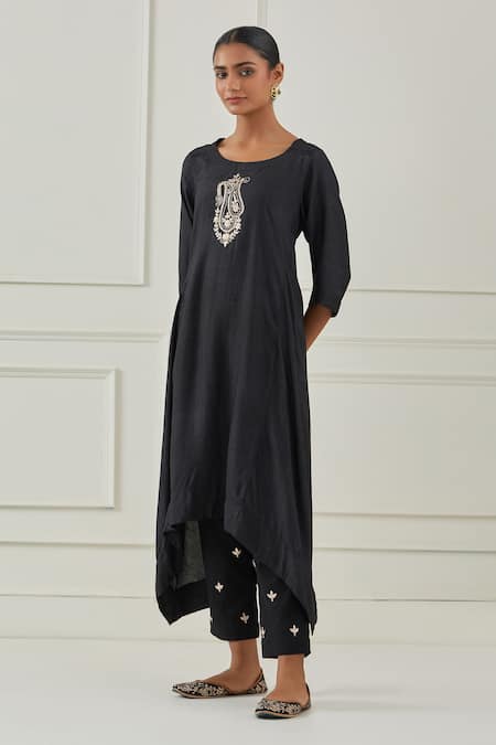 Shop_Kamaltaas_Black Cotton Silk Hand Embroidered Pittan Asymmetric Kurta And Pant Set  _at_Aza_Fashions