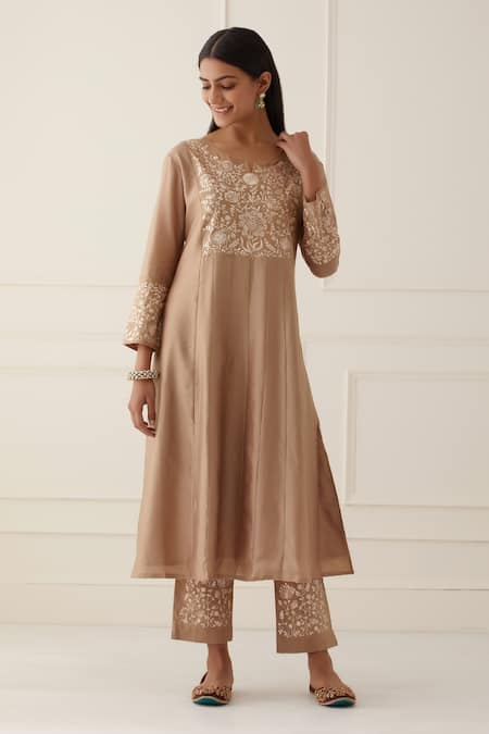 Shop Kamaltaas Brown Silk, Embroidery Round Neck Hand Anarkali Pant Set at Aza Fashions Shop_Kamaltaas_Brown Silk, Embroidery Round Neck Hand Anarkali Pant Set_at_Aza_Fashions