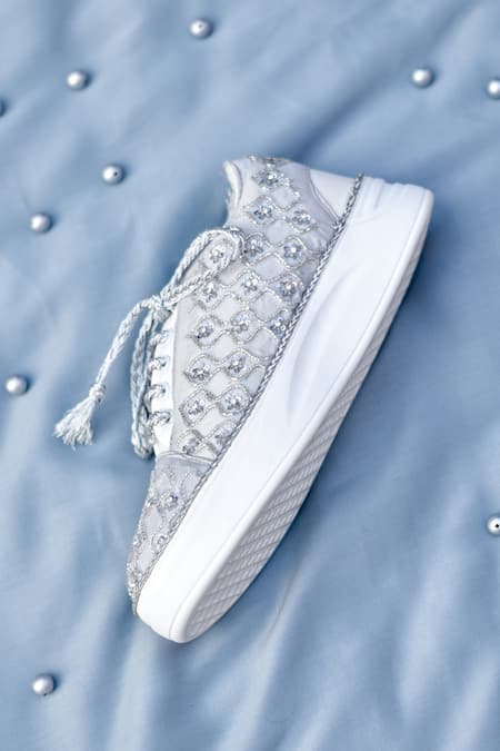 Shop Around Always Silver Gemini Floral Embroidered Sneakers at Aza Fashions Shop_Around Always_Silver Gemini Floral Embroidered Sneakers _at_Aza_Fashions