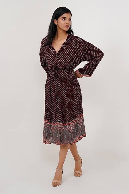 More Soul_Brown 100 % Viscose Print Diamond Spread Collar Tile Dress_Online_at_Aza_Fashions
