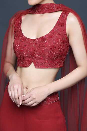 Sanjev Marwaaha_Red Georgette Embellished Beads Round Overlap Blouse Palazzo Set_Online_at_Aza_Fashions